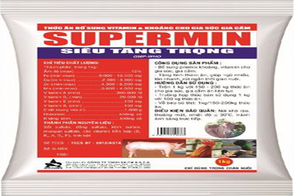 SUPERMIN - Bổ sung các vitamin, khoáng. Tăng tính thèm ăn, tăng trọng nhanh, tăng chất lượng thịt